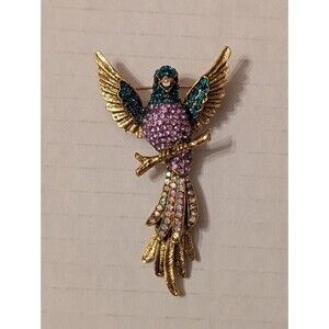 Parrot Brooch Pin Fashion Jewelry Gold Tone Purple Blue Rhinestones Sparkle Bird